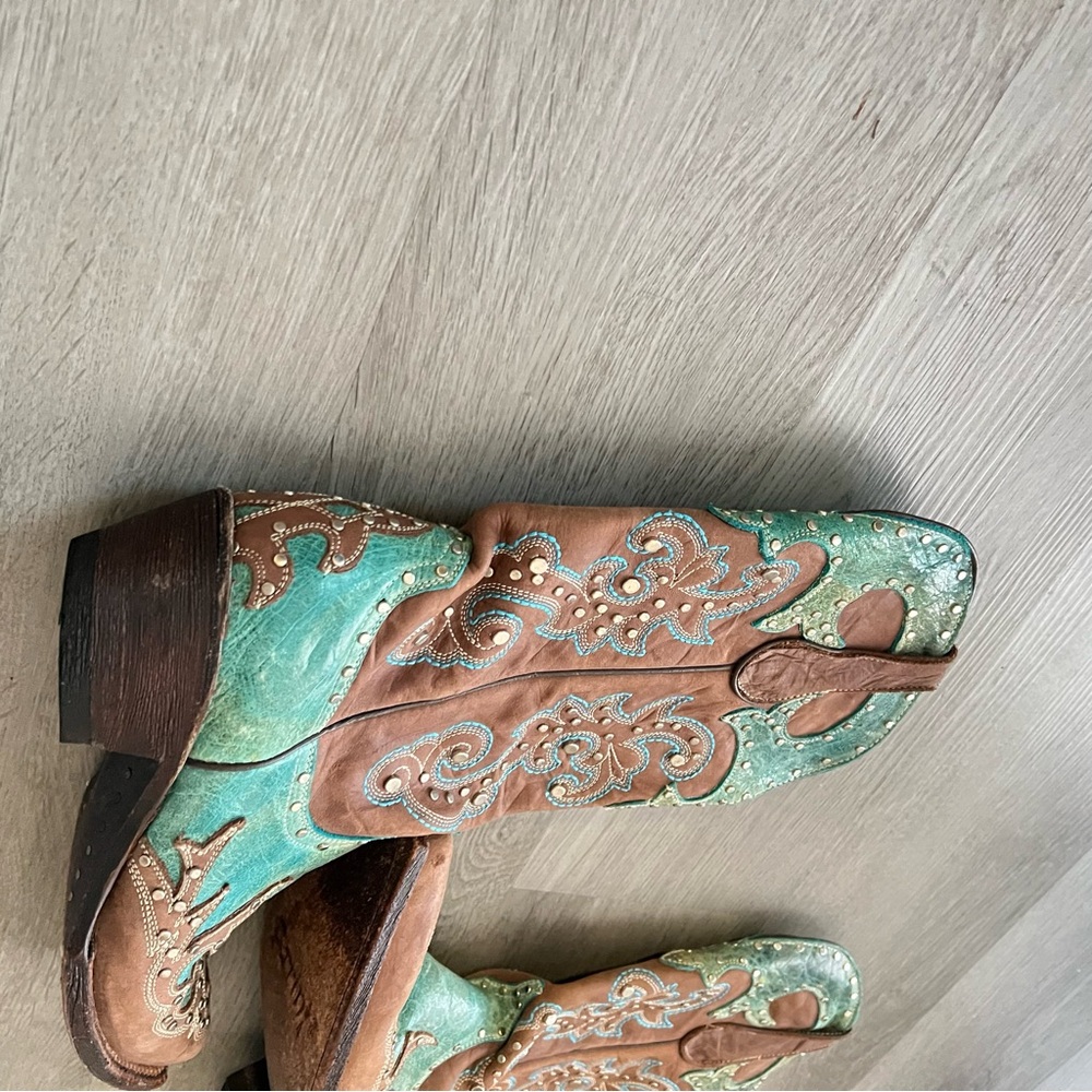Ferrini Leather Western Boots Turquoise Brown Pointed Toe Studded – Women’s 7.5 - Picture 10 of 14